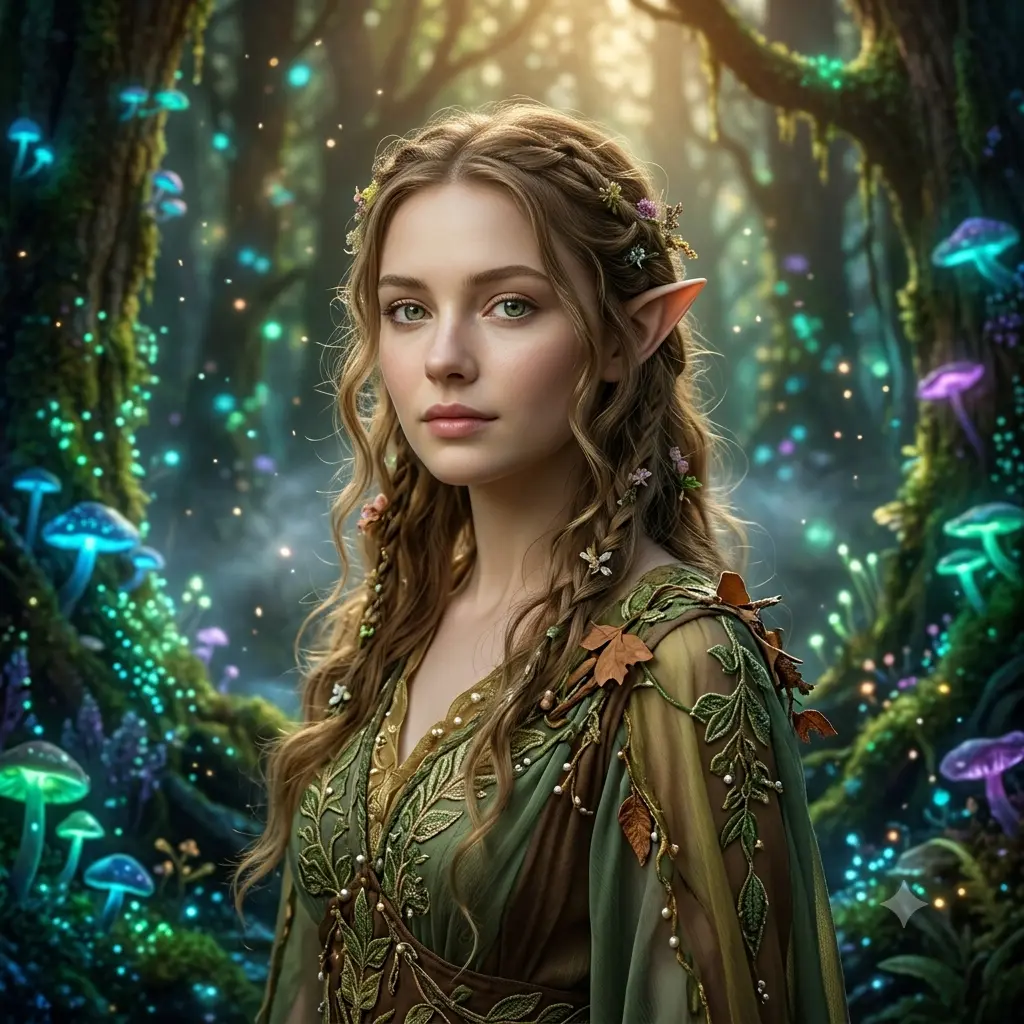 A person as an ethereal forest elf with pointed ears in a glowing enchanted forest