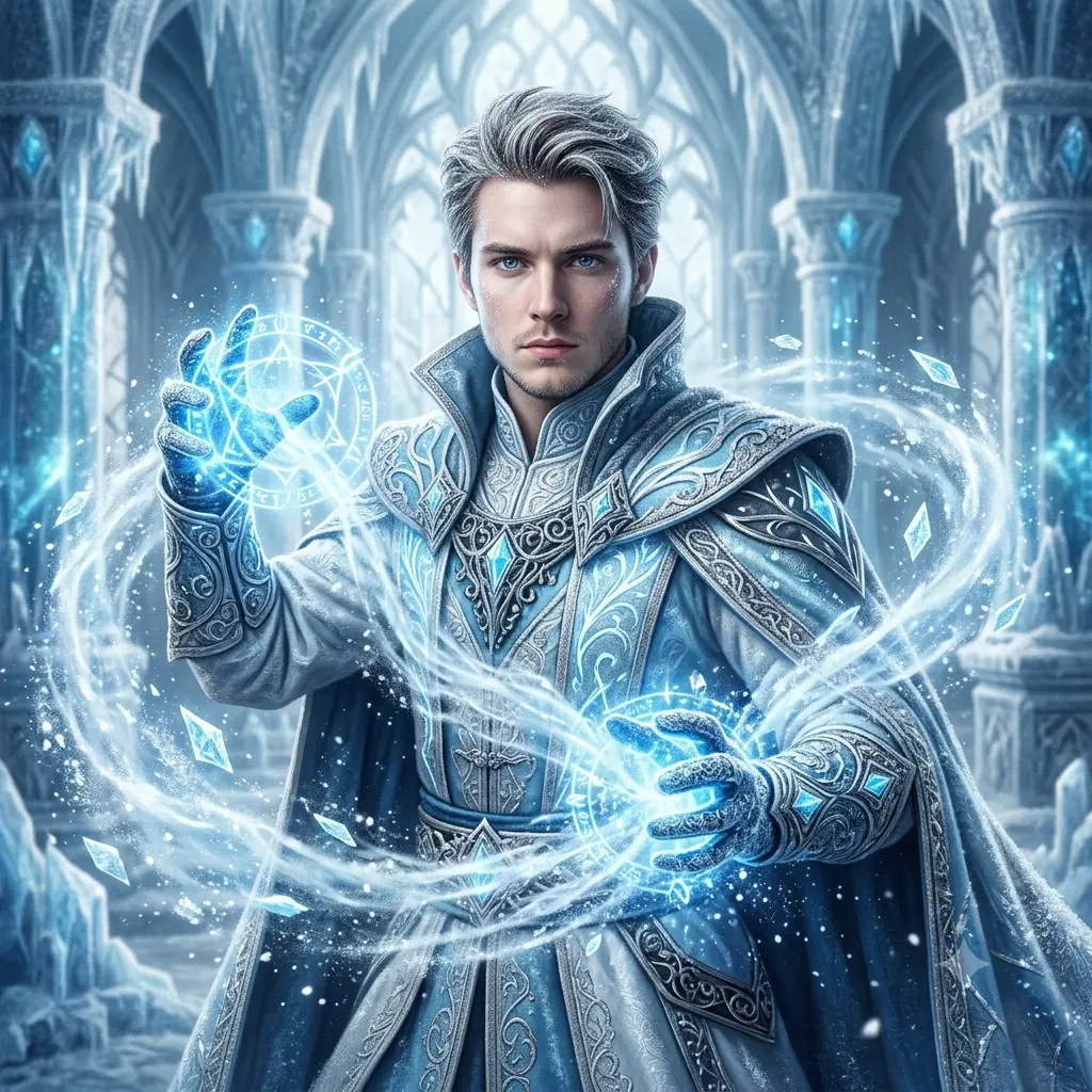 A person as a frost sorcerer wielding ice magic in a frozen palace of glowing crystals