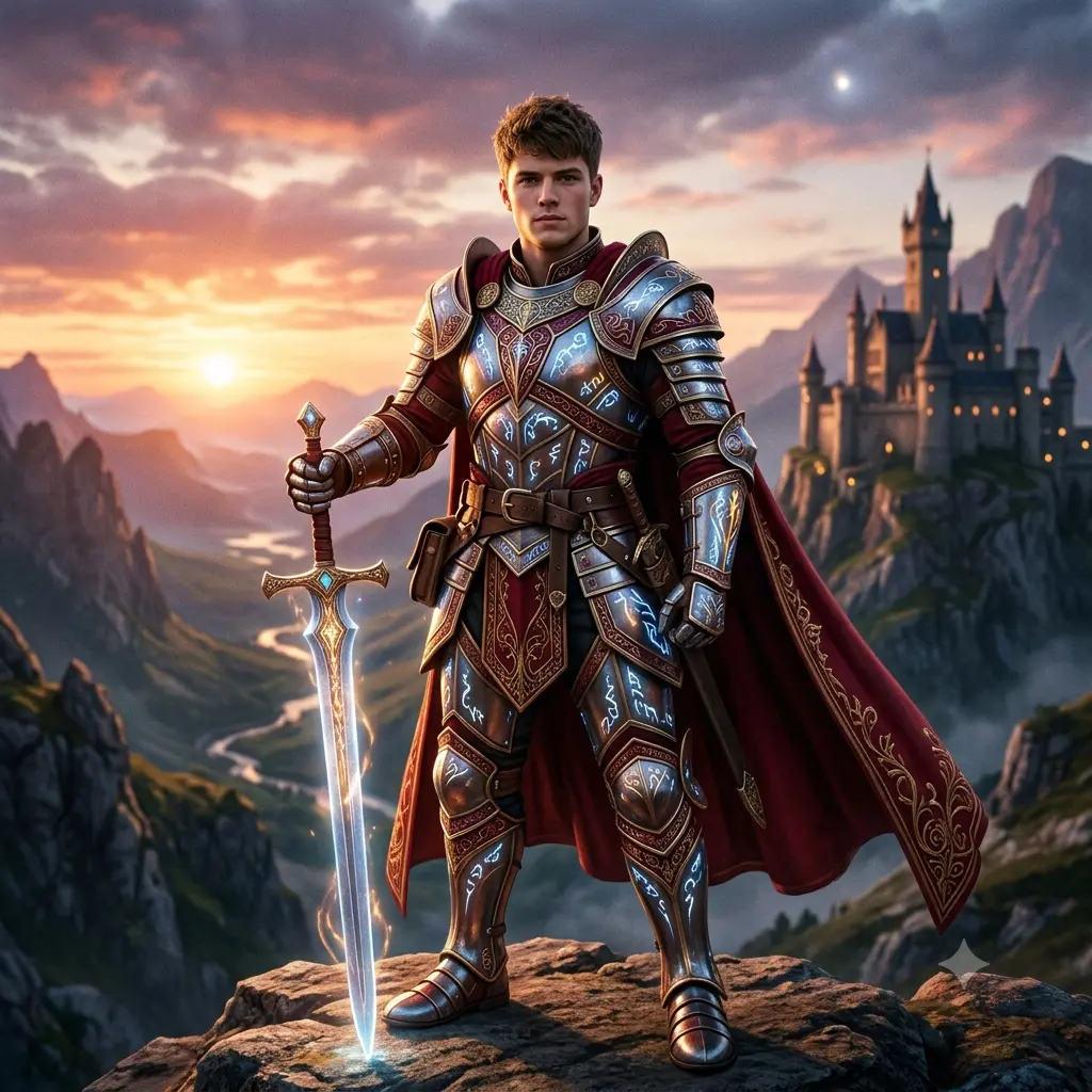 A person as a heroic fantasy warrior in ornate enchanted armor etched with glowing runes