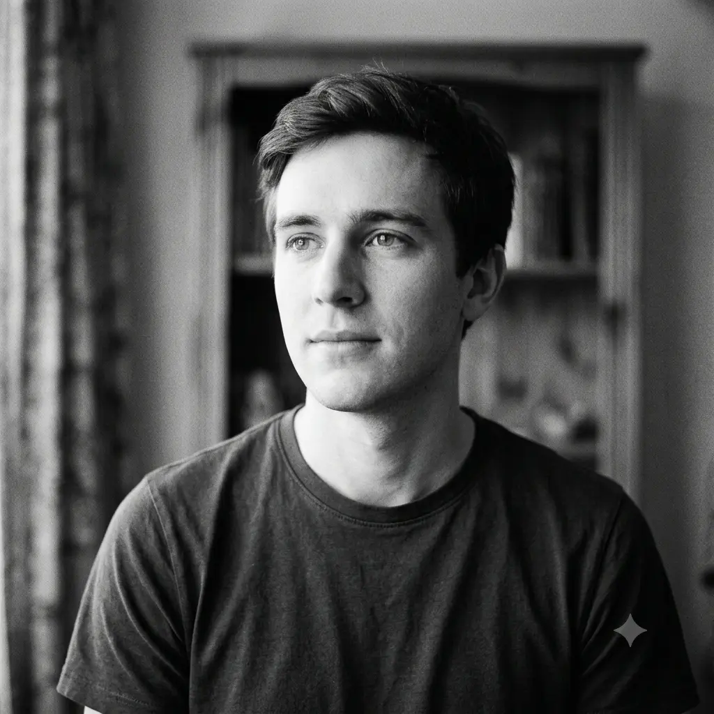 Grainy black and white film portrait with rich blacks and soft side light