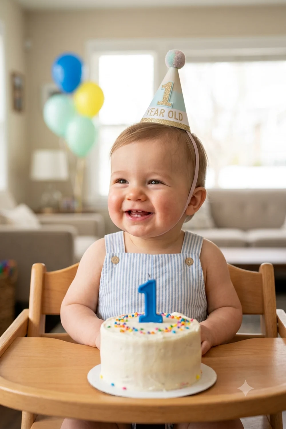 A future baby celebrating a first birthday behind a small cake