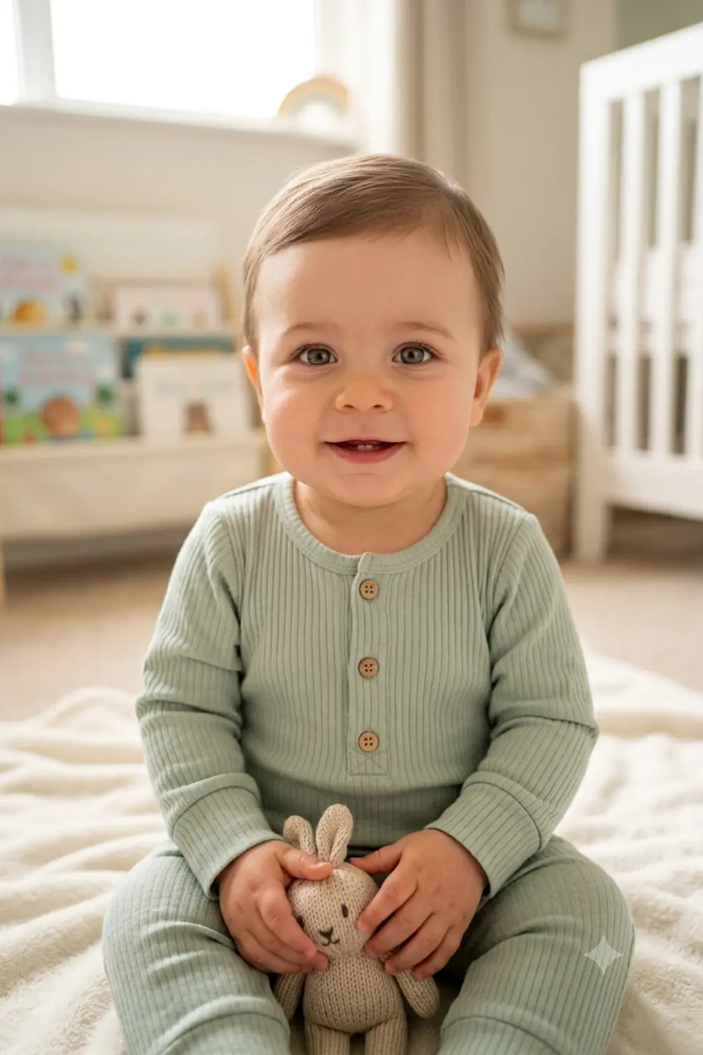 A realistic future baby blending both parents' facial features with a gentle smile