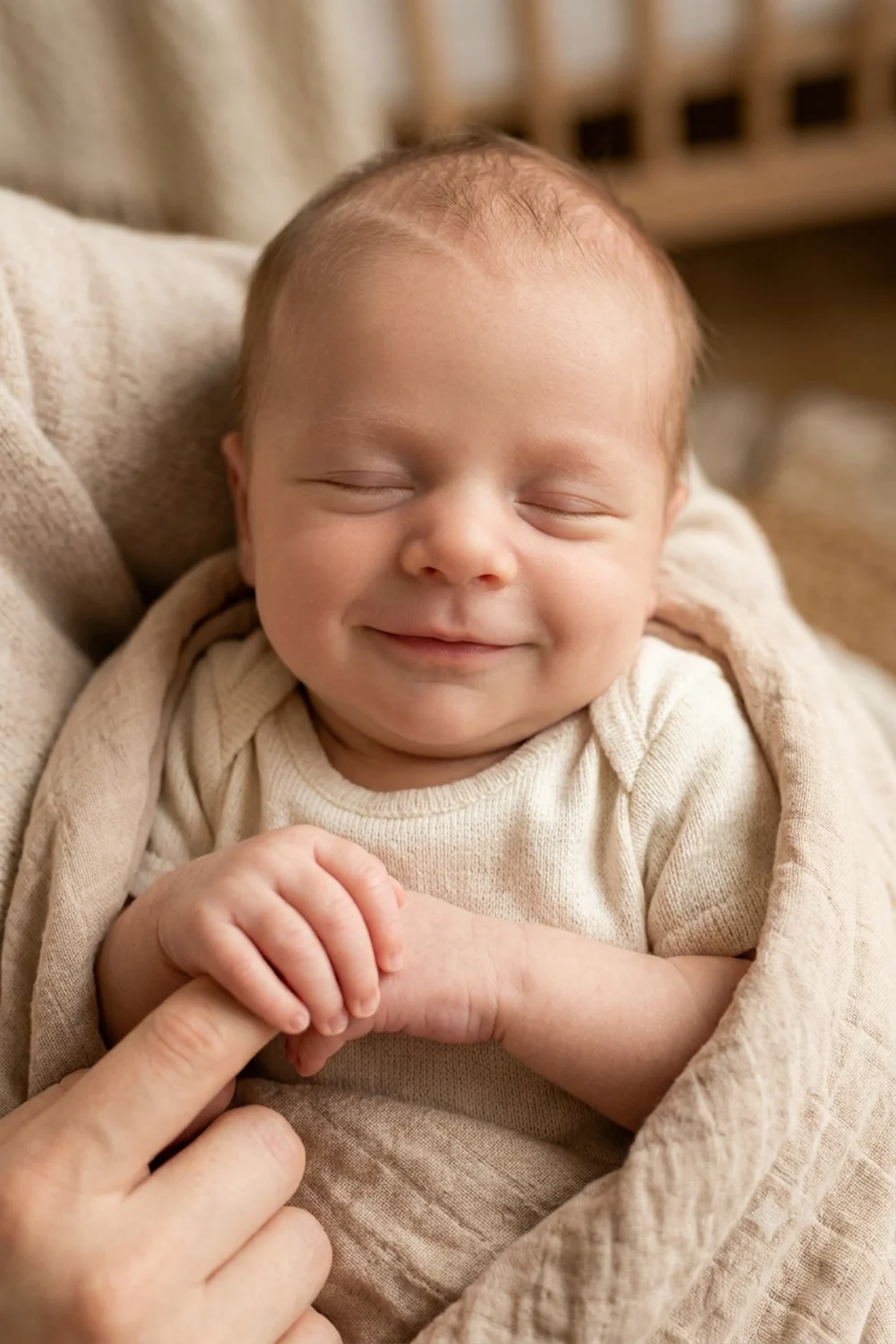 A tender close-up of a future newborn's face and tiny hand