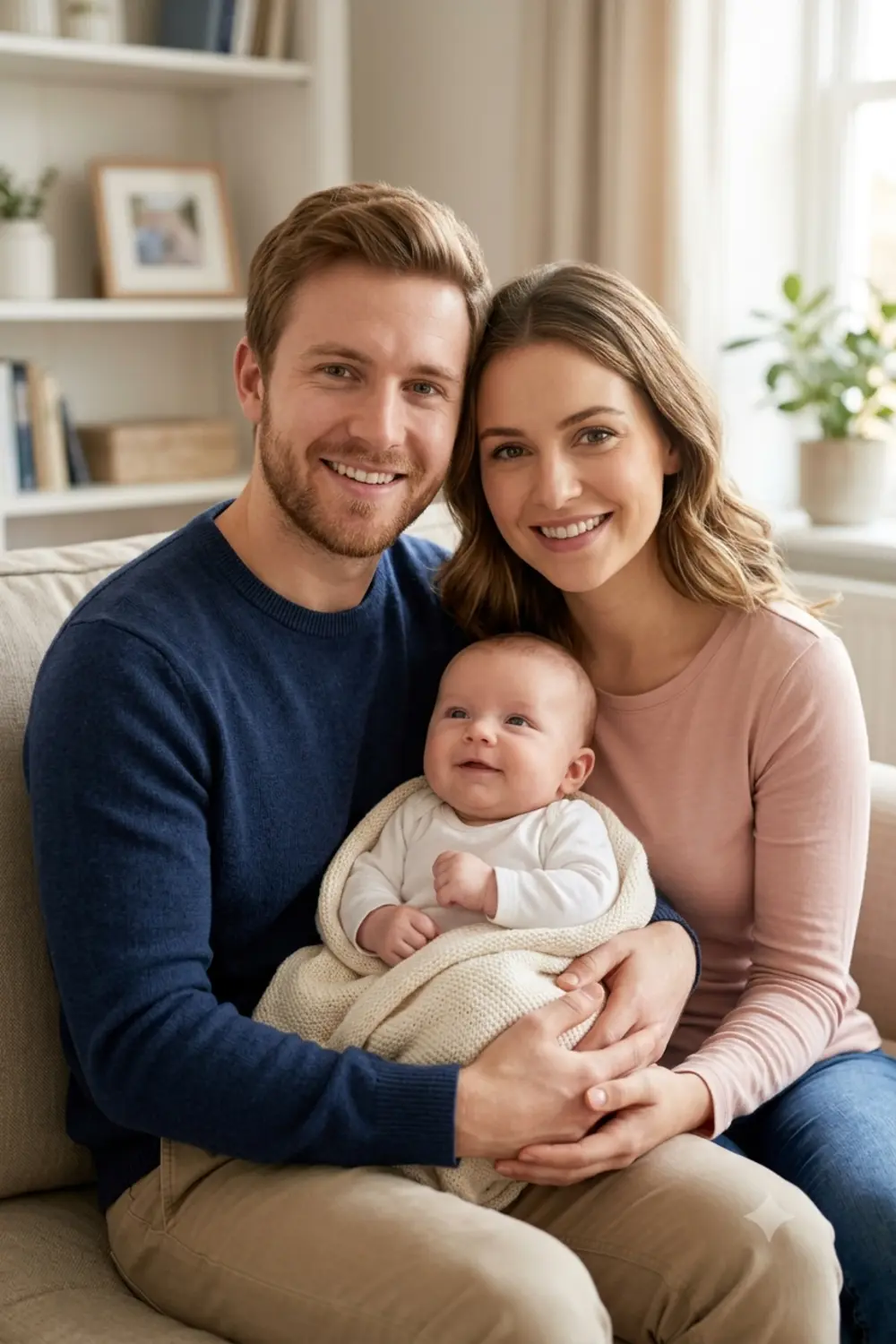 A warm family portrait of two parents holding their future baby together