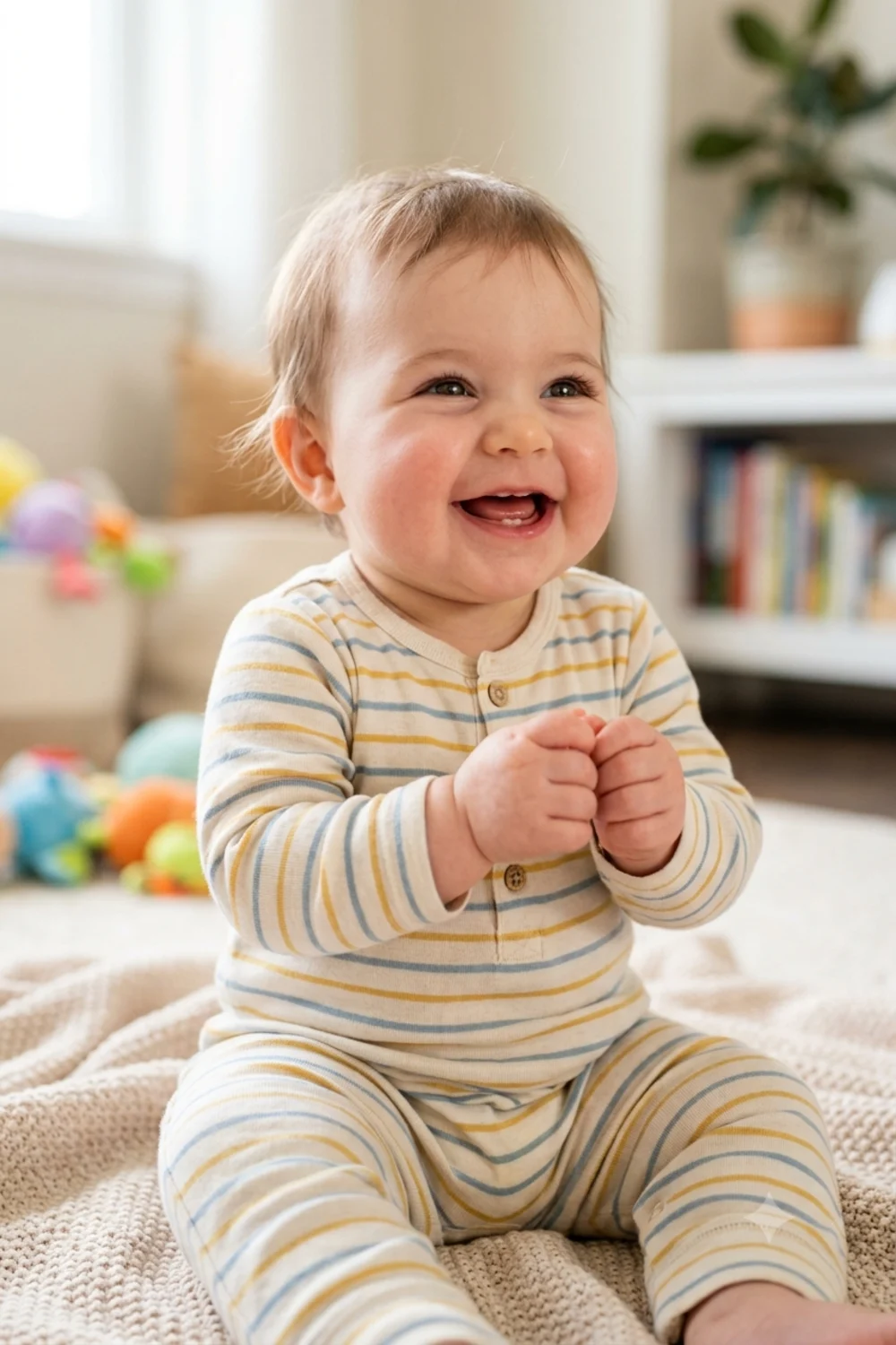 A future baby caught mid-giggle with a wide smile, blending both parents' features
