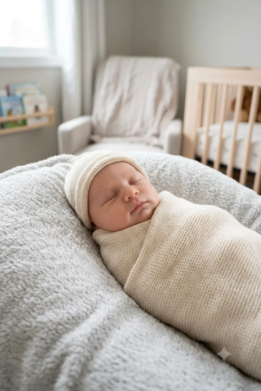 A future newborn swaddled in a soft blanket, blending both parents' features