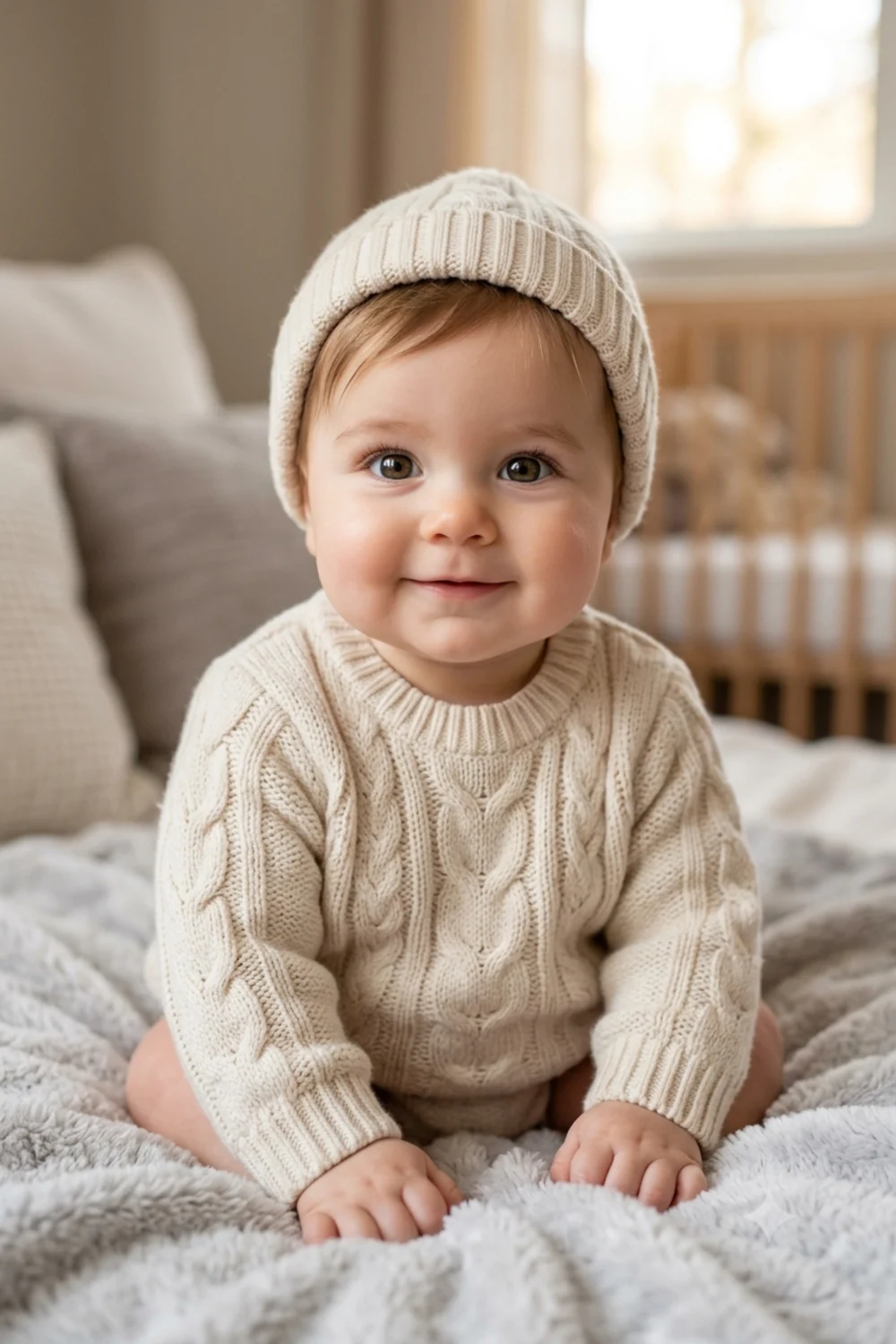 A future baby dressed in a cute soft knit outfit with a matching hat
