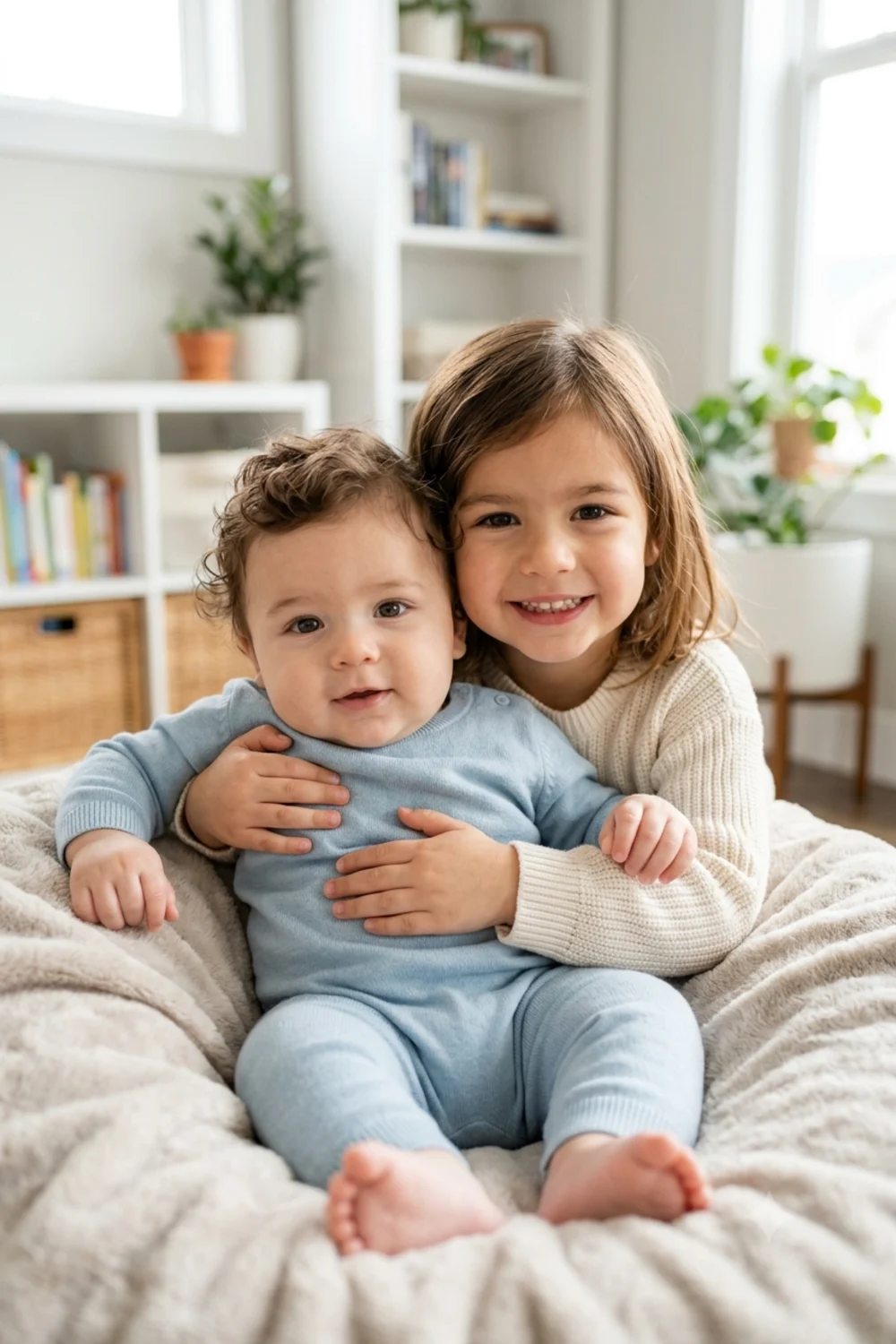 Future siblings, an older child and a baby, both blending the parents' features