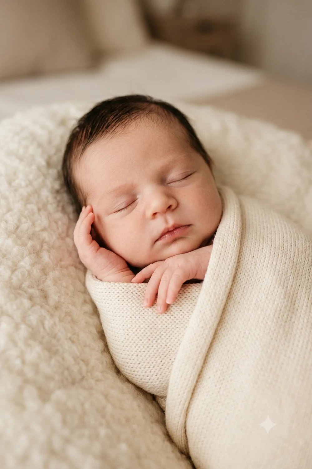 A future newborn fast asleep and swaddled, blending both parents' features