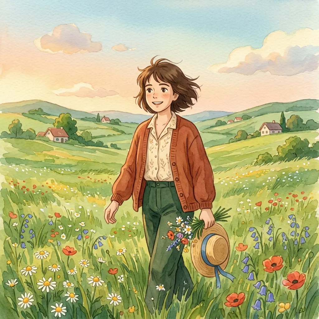 Studio Ghibli style illustration of a person in a breezy countryside meadow