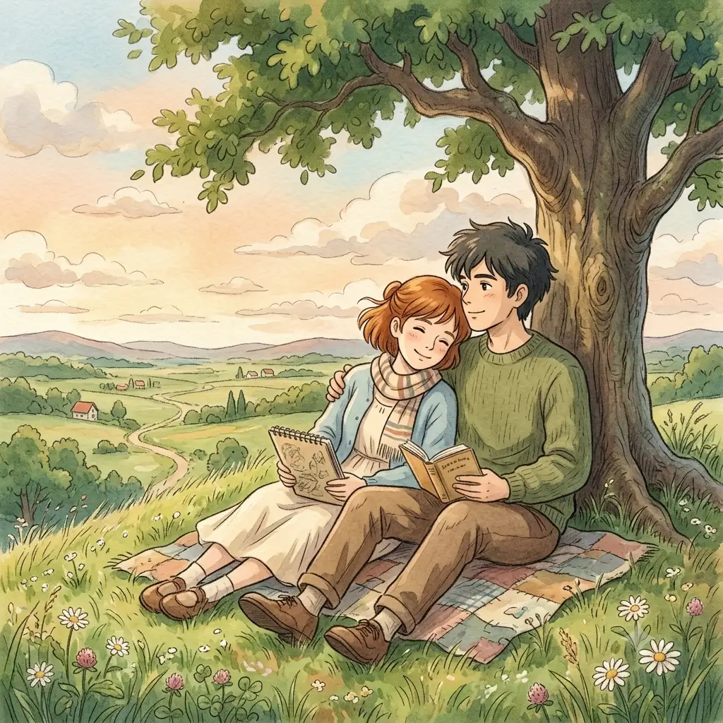 Ghibli style illustration of a couple sharing a quiet moment on a grassy hilltop
