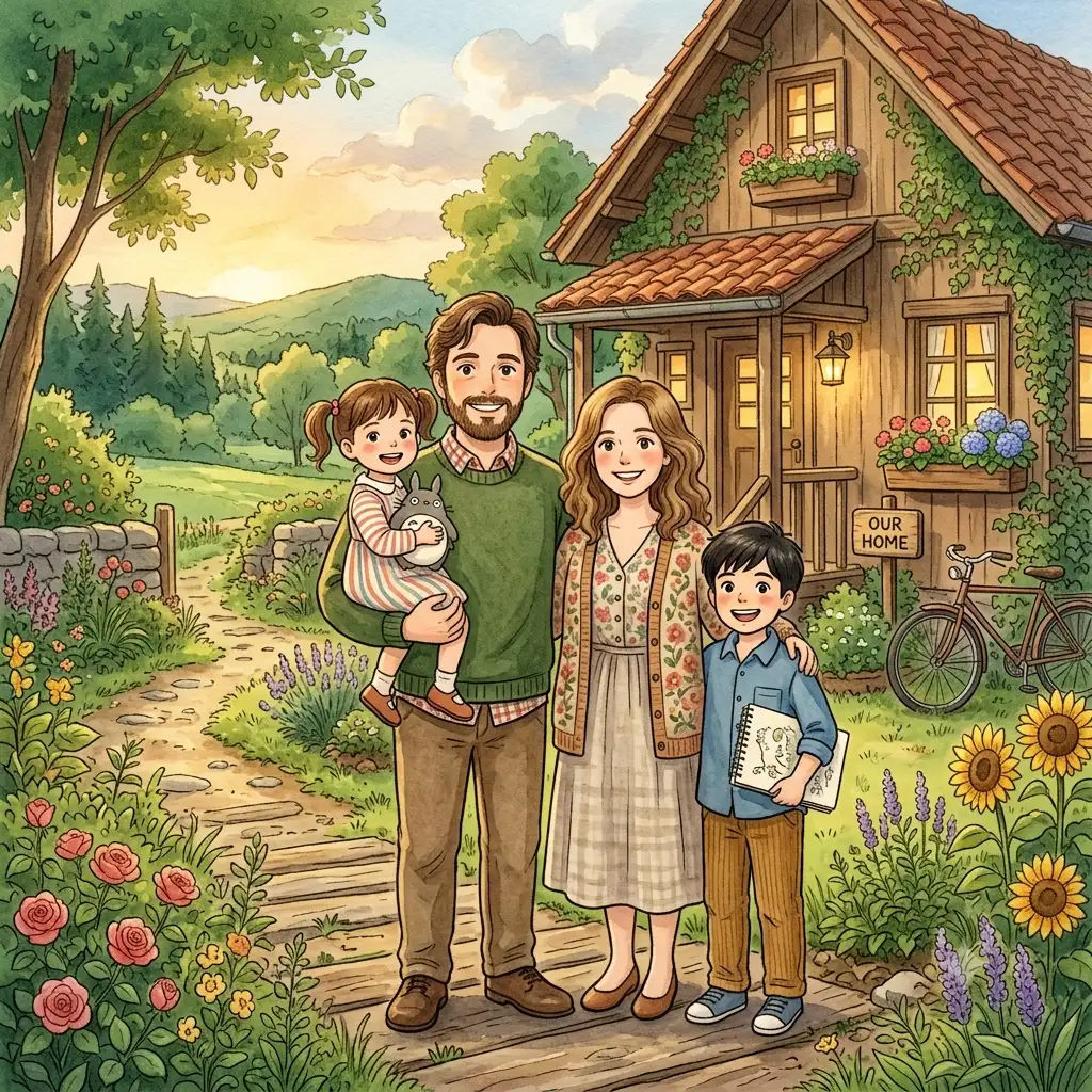 Ghibli style illustration of a family outside a cozy wooden house at evening