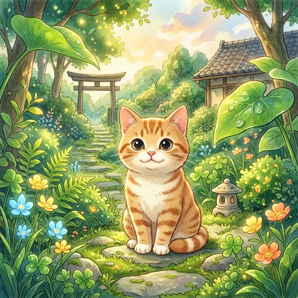 Adorable Ghibli style companion version of a pet in a lush painted garden