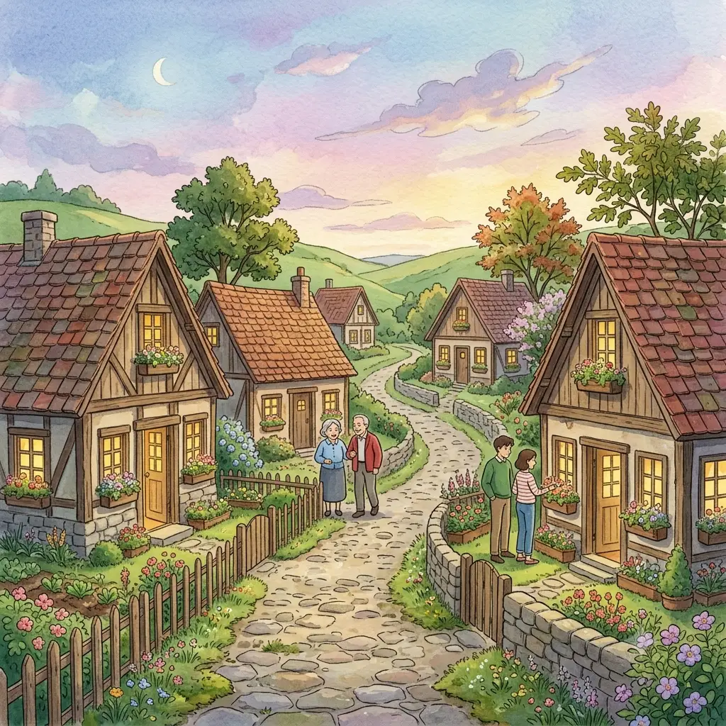 Full Studio Ghibli style village scene with cozy houses and glowing windows