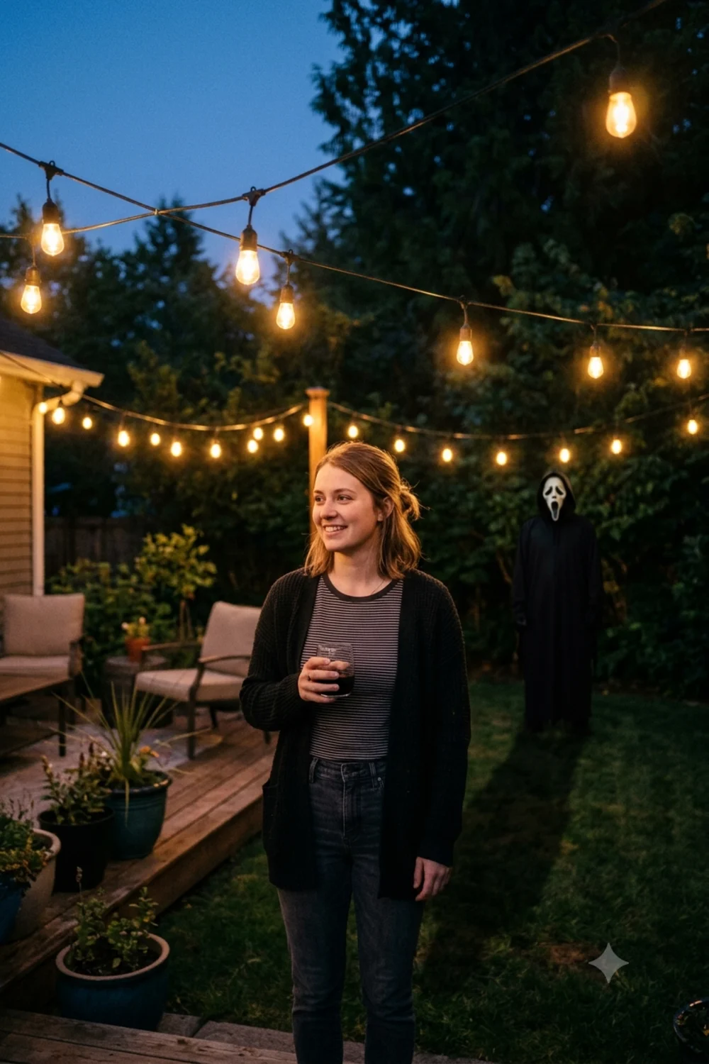Person in a backyard under string lights with the Ghostface figure at the dark edge of the lawn