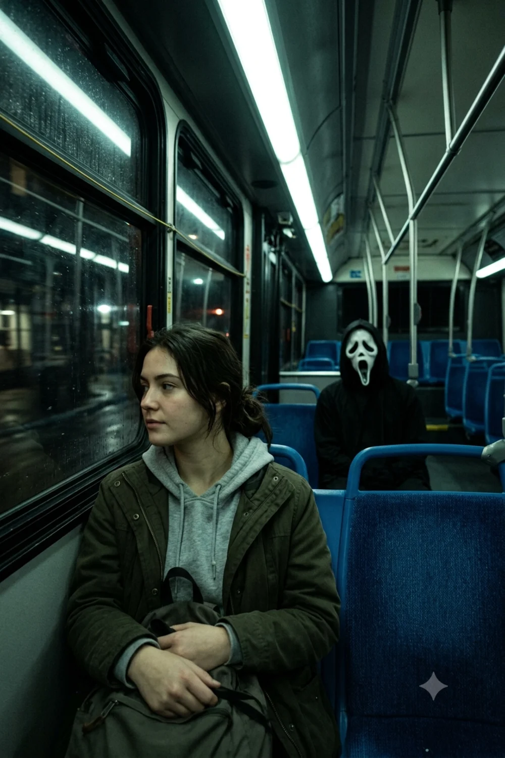 Person sitting alone on a night bus with the Ghostface figure seated a few rows behind them