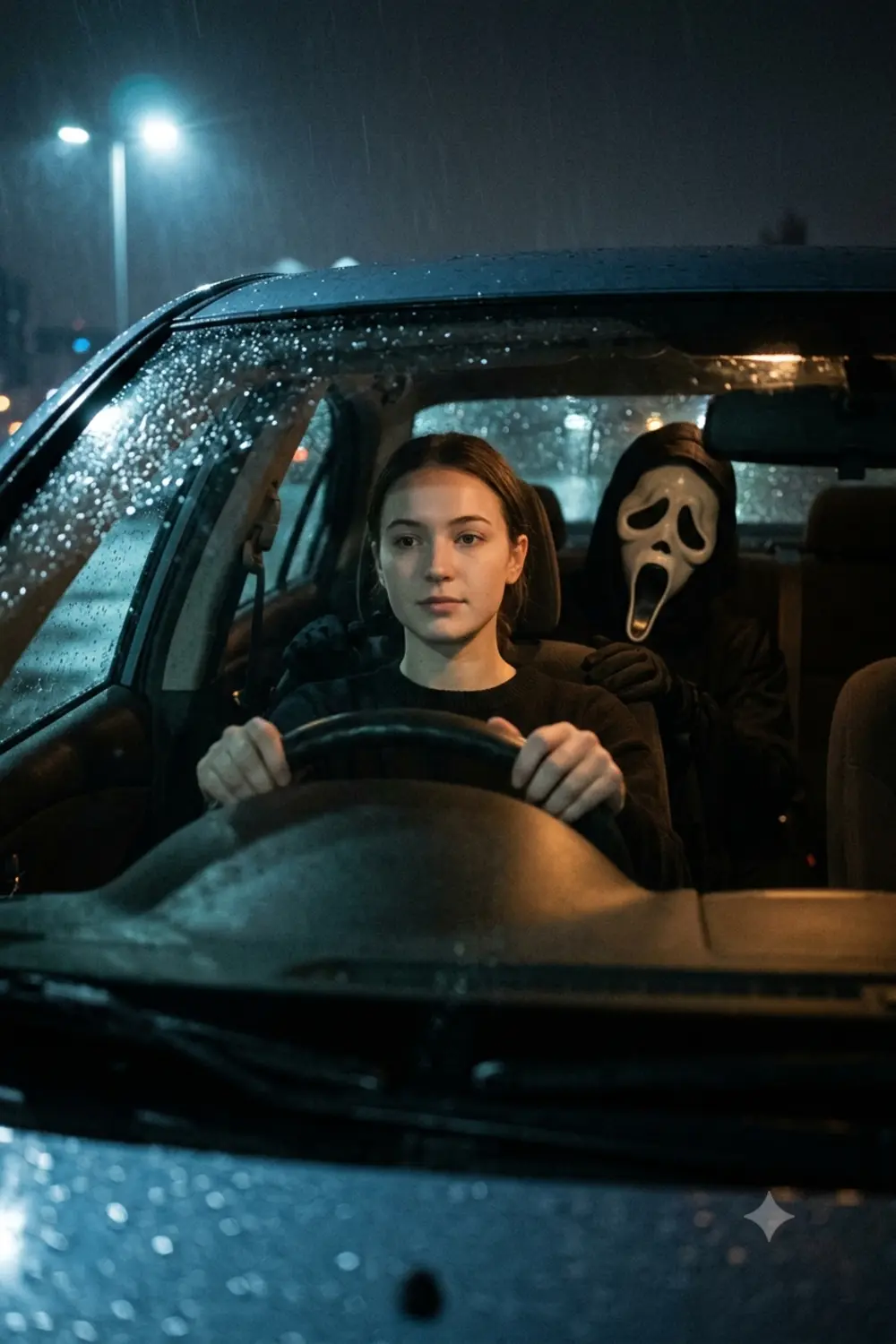 View through the windshield of a woman driving at night with the Ghostface figure in the back seat behind her