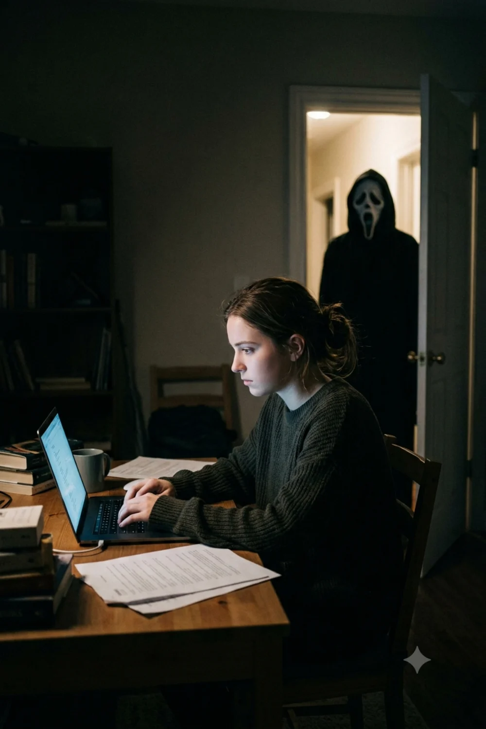 Person working at a laptop in a dark room with the Ghostface figure in the doorway behind