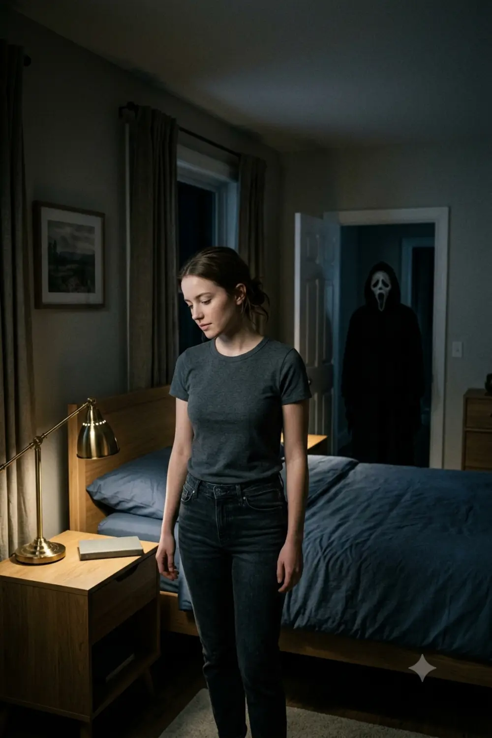 Person in a dark bedroom with the Ghostface figure standing in the doorway behind them
