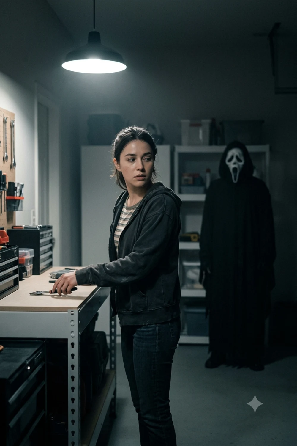 Person in a clean home garage at night with the Ghostface figure standing a few steps behind them
