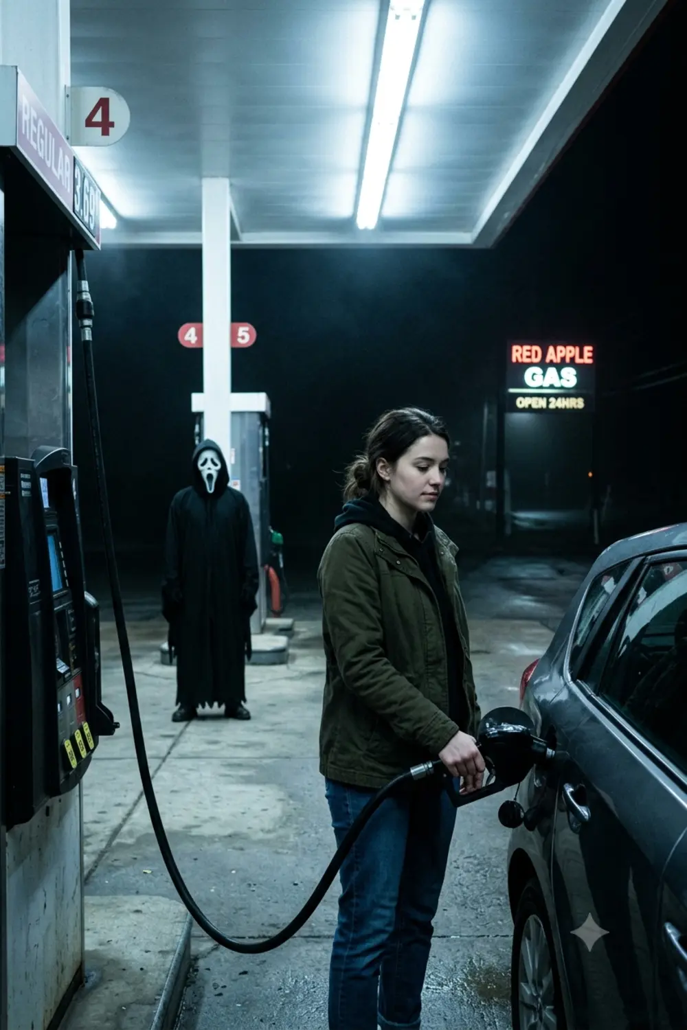 Person filling up their car at a gas station at night with the Ghostface figure standing at the next pump just behind them