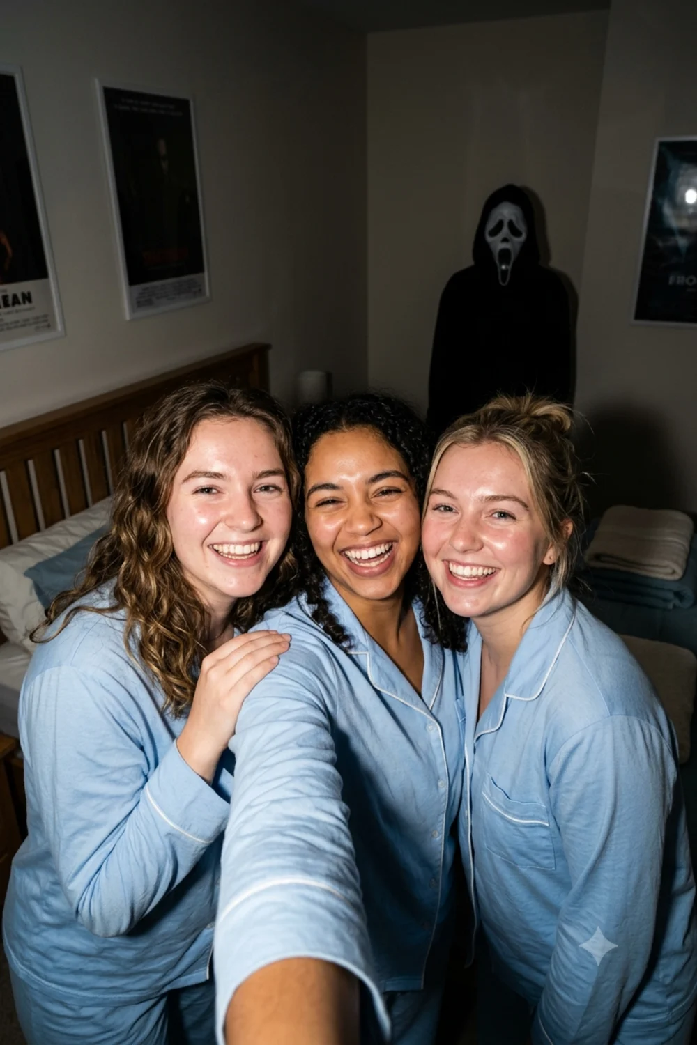 Three friends taking a flash selfie with the Ghostface figure photobombing behind them