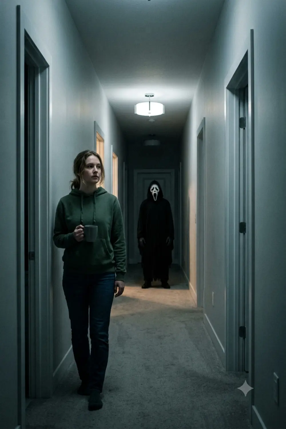 Person at the end of a dim modern hallway with the Ghostface figure standing clearly partway down it