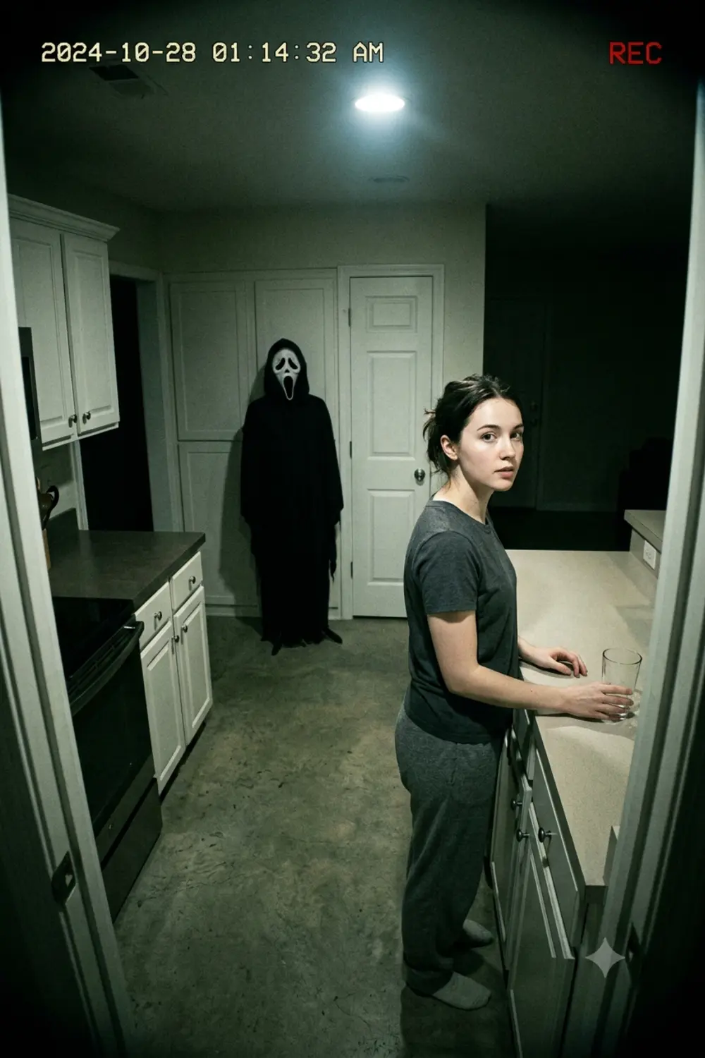 Security-camera view of a dark kitchen with the Ghostface figure standing near the counter