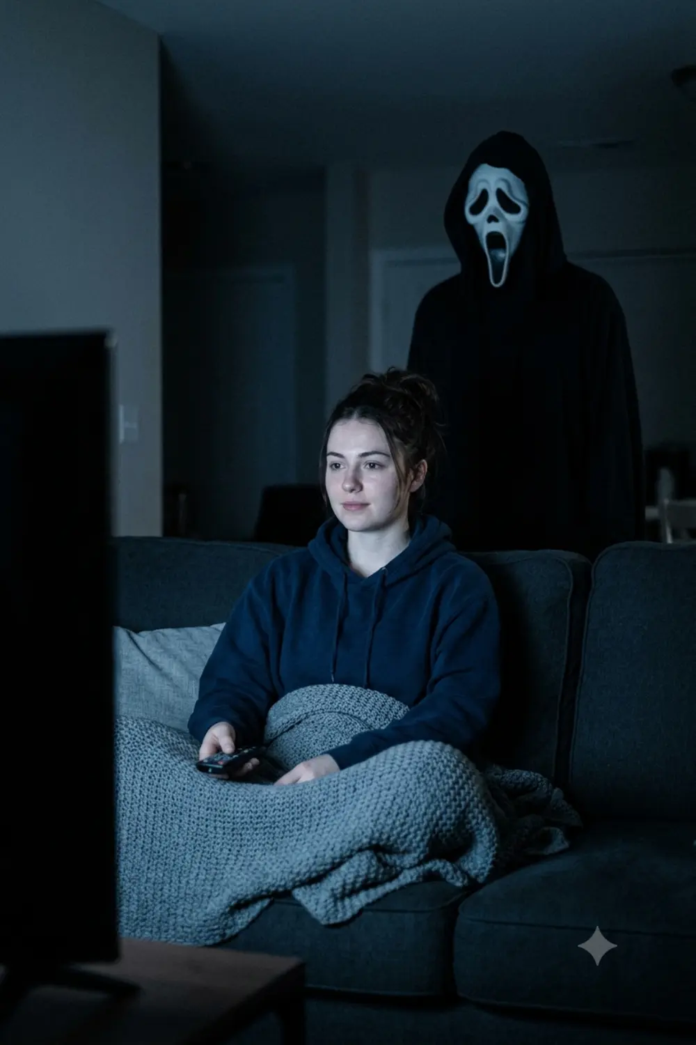 Person watching TV in a dark living room with the Ghostface figure behind the couch