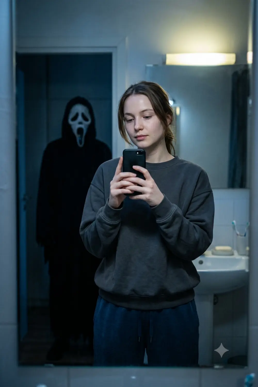 Mirror selfie with the Ghostface figure reflected standing behind the person