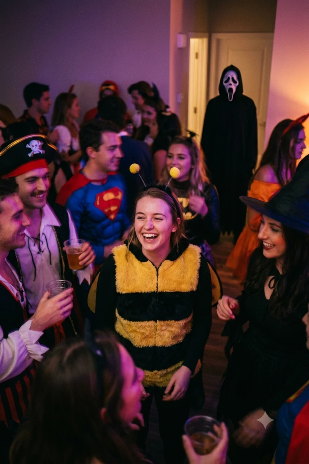 Person at a Halloween party with a still Ghostface figure standing apart from the crowd at the back of the room
