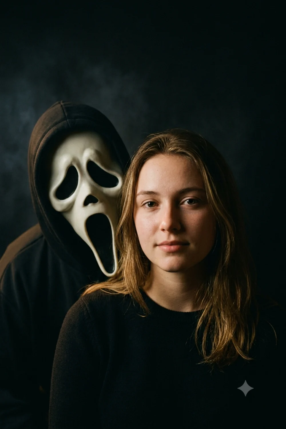 Intimate close portrait of a calm woman with the Ghostface figure leaning in close over her shoulder in the dark