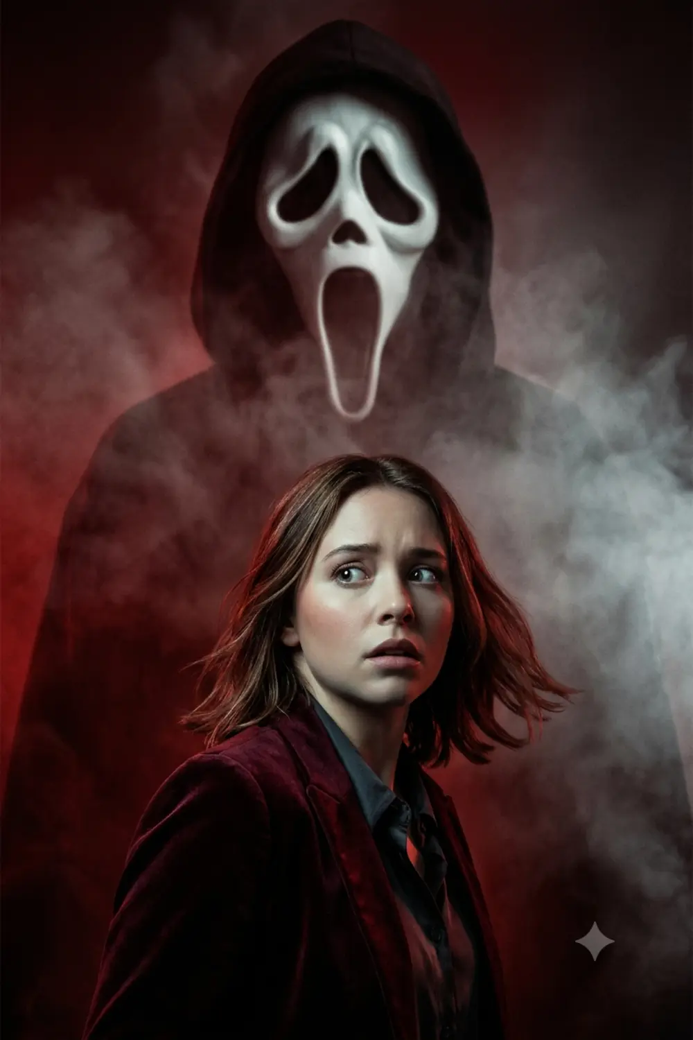 Horror movie poster of the person with the Ghostface figure looming behind them