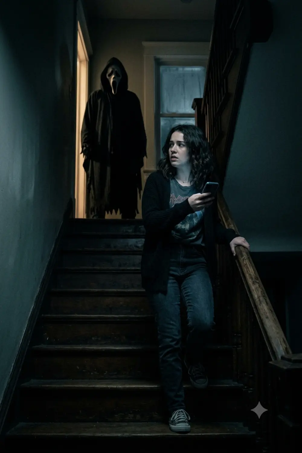 Person on a dark staircase with the Ghostface figure at the top landing