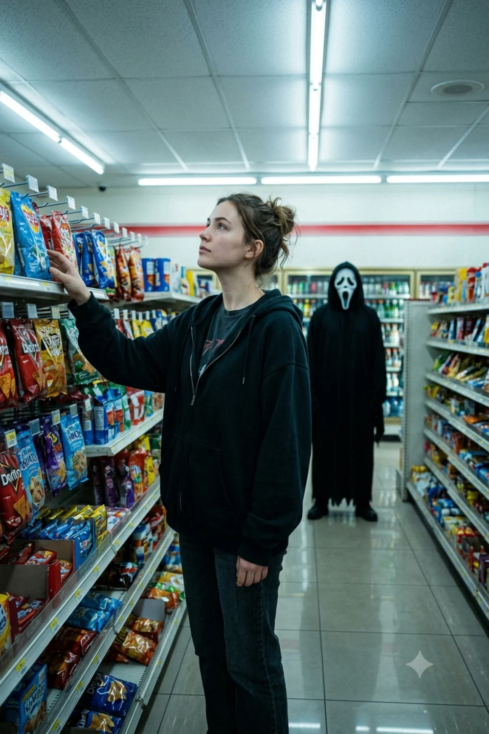 Person shopping alone in a bright convenience store at night with the Ghostface figure standing at the far end of the aisle
