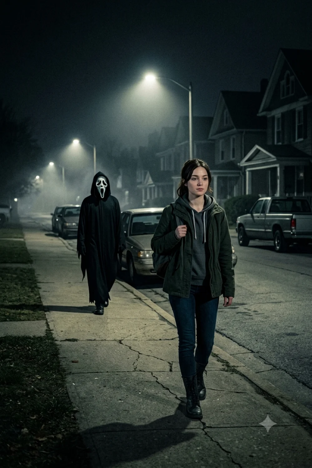 Person walking home alone on an empty night street with the Ghostface figure following a short distance behind on the sidewalk
