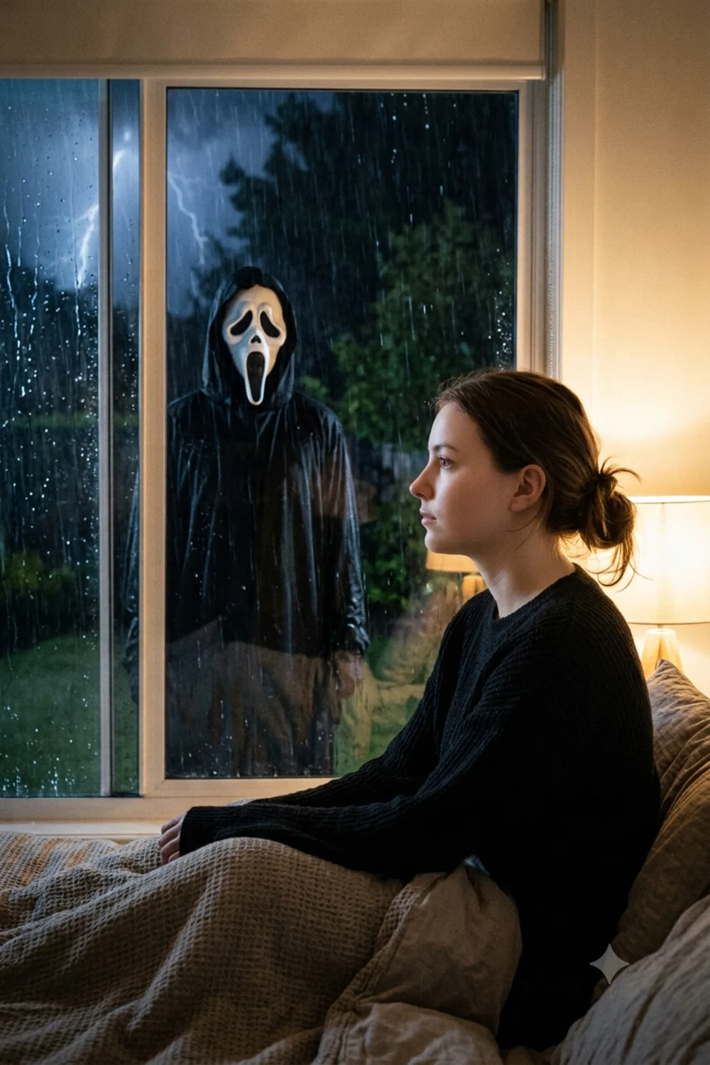 Person by a rain-streaked window with the Ghostface figure standing outside in the yard
