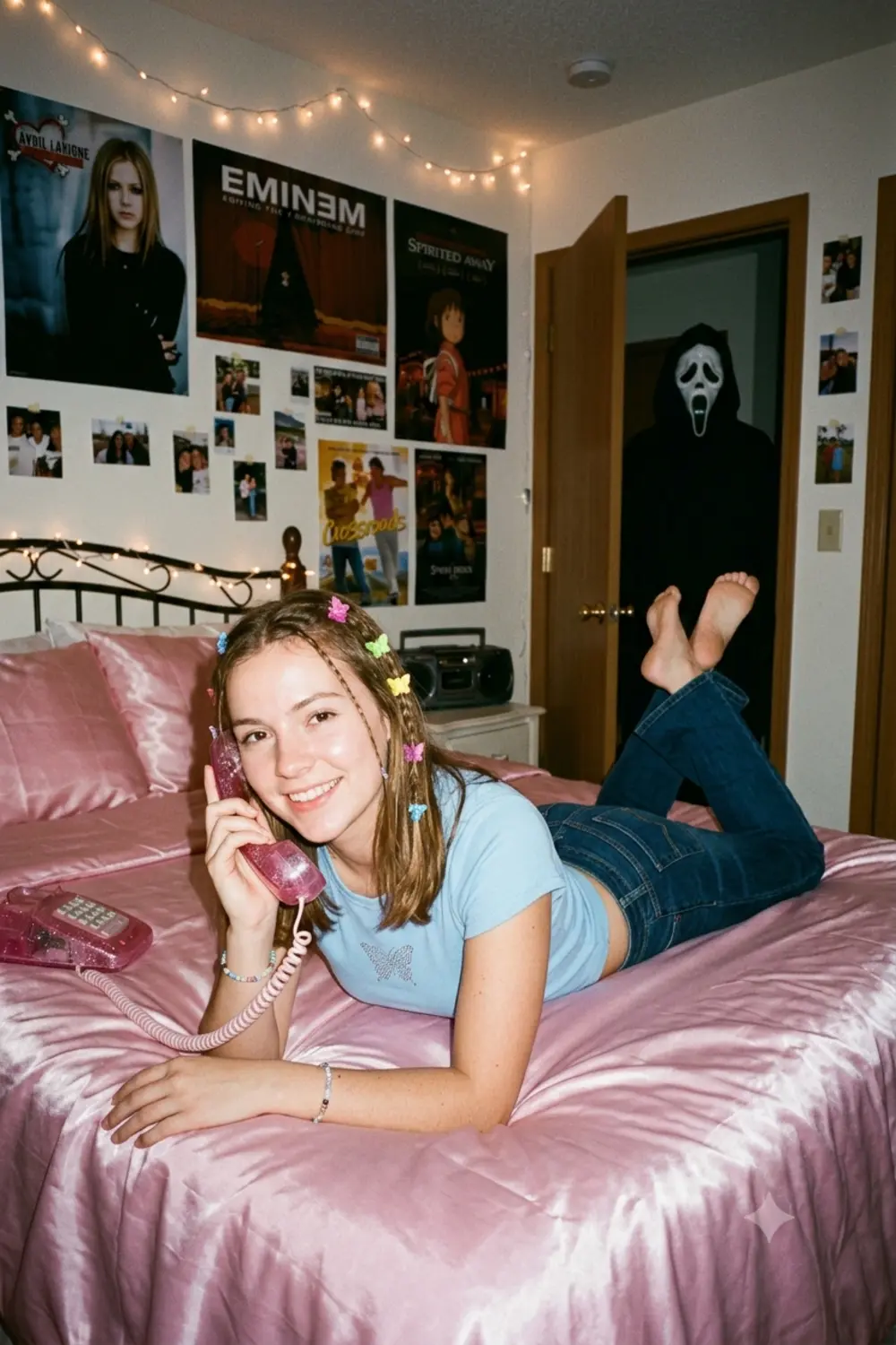 Y2K style bedroom flash photo with the Ghostface figure standing in the doorway
