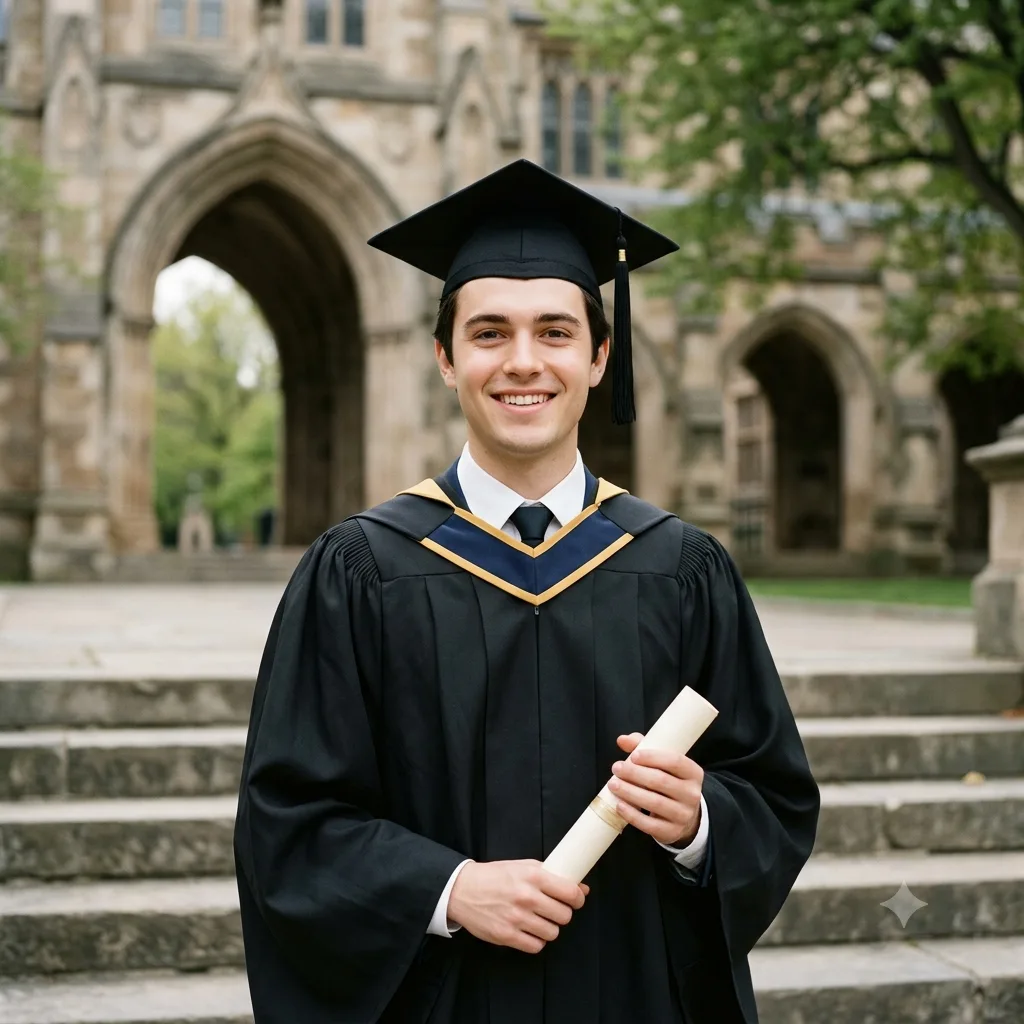 A graduation portrait of a person in cap and gown on historic university steps
