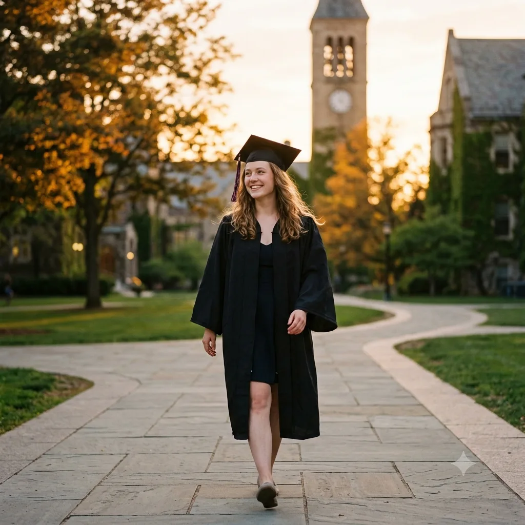 A candid graduation photo of a person walking across campus at golden hour in a gown