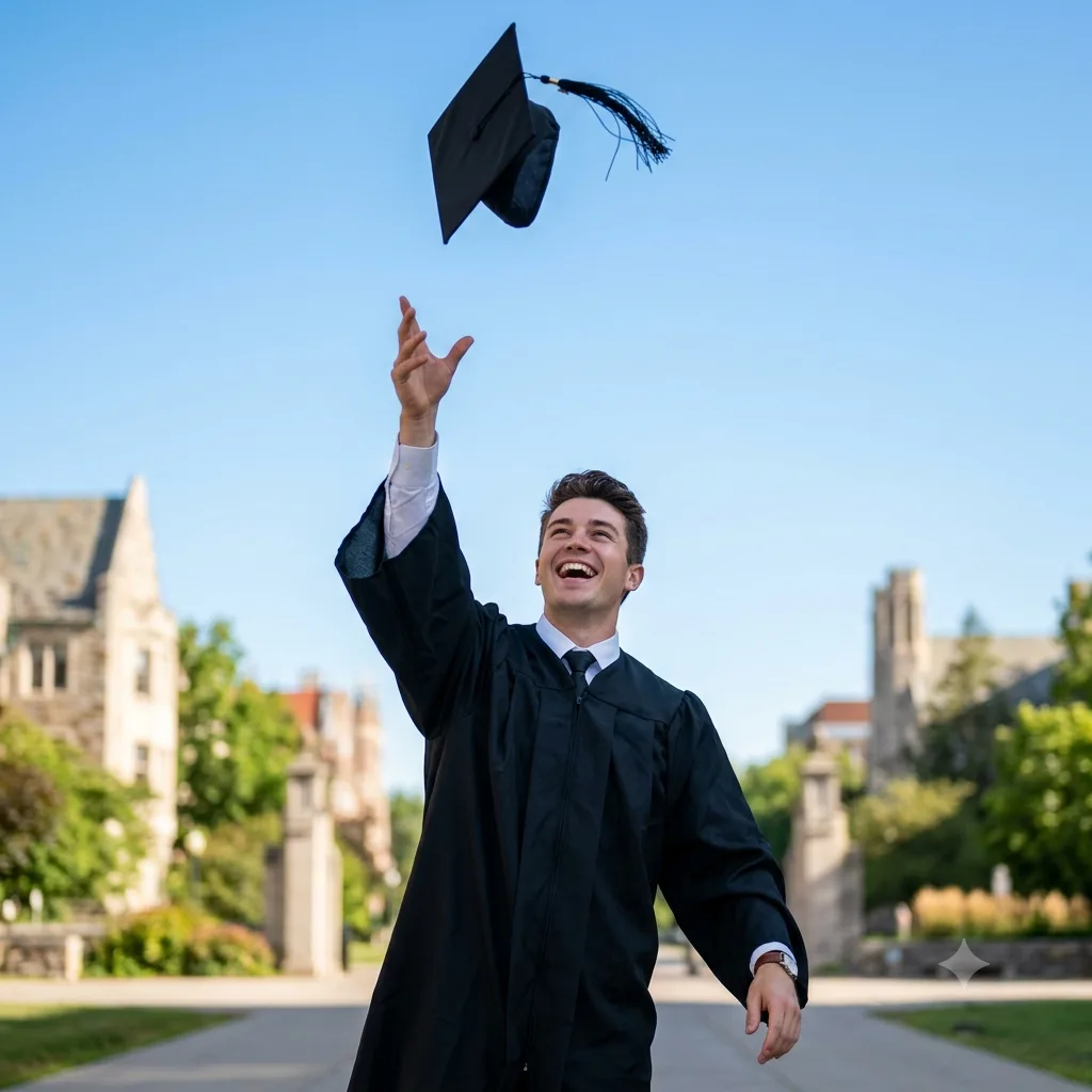 A joyful graduation photo of a person tossing their graduation cap high into the air under a clear sky