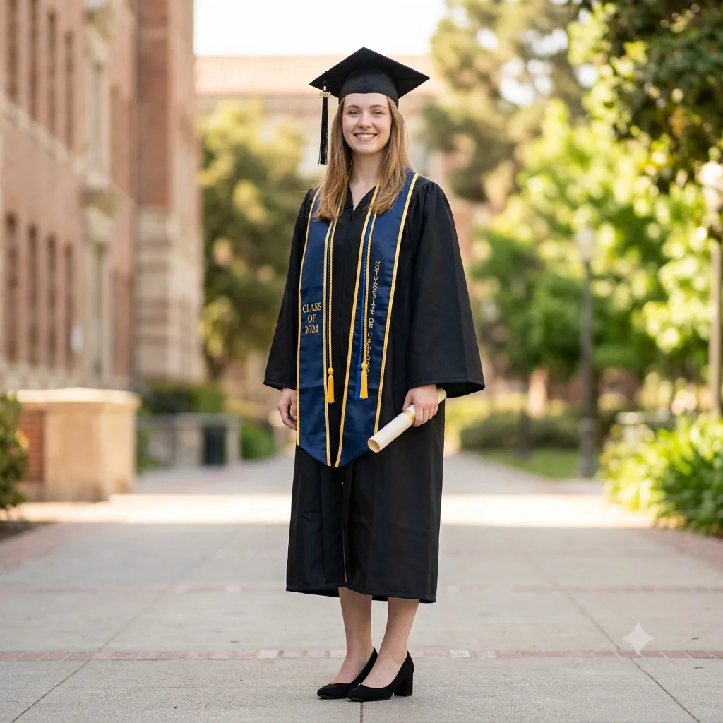 A full-length graduation photo of a person standing in cap and gown on campus