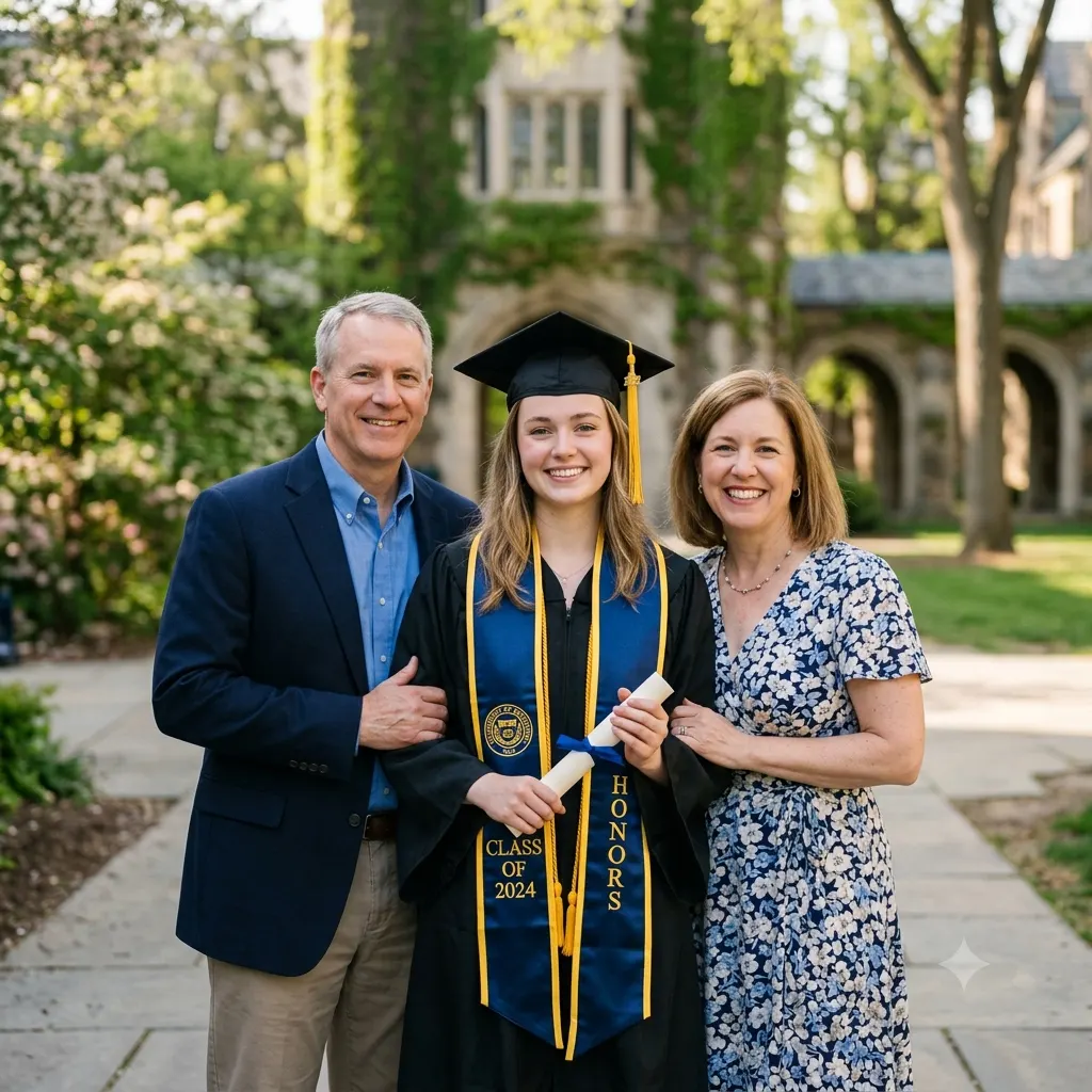 A warm graduation photo of a person in cap and gown standing between two proud parents