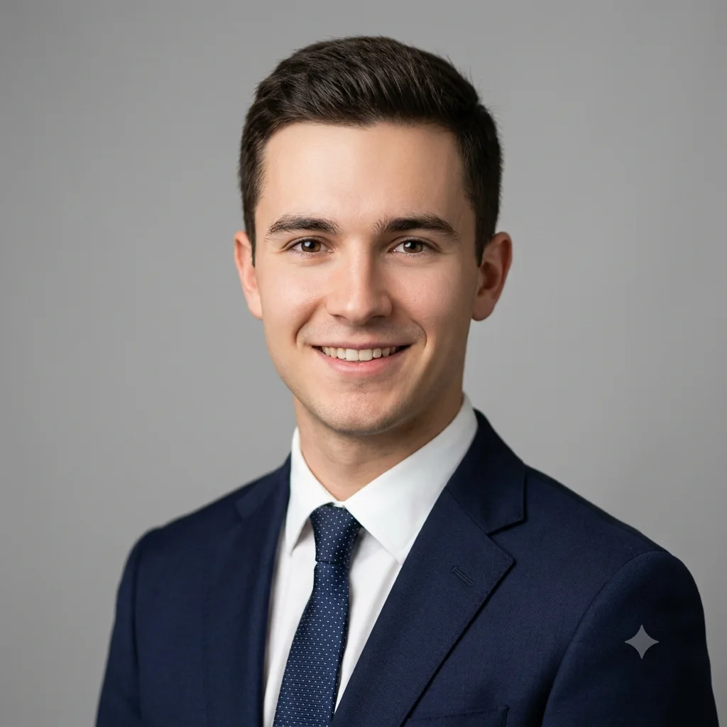 A polished corporate studio headshot of a person in a suit against a neutral backdrop