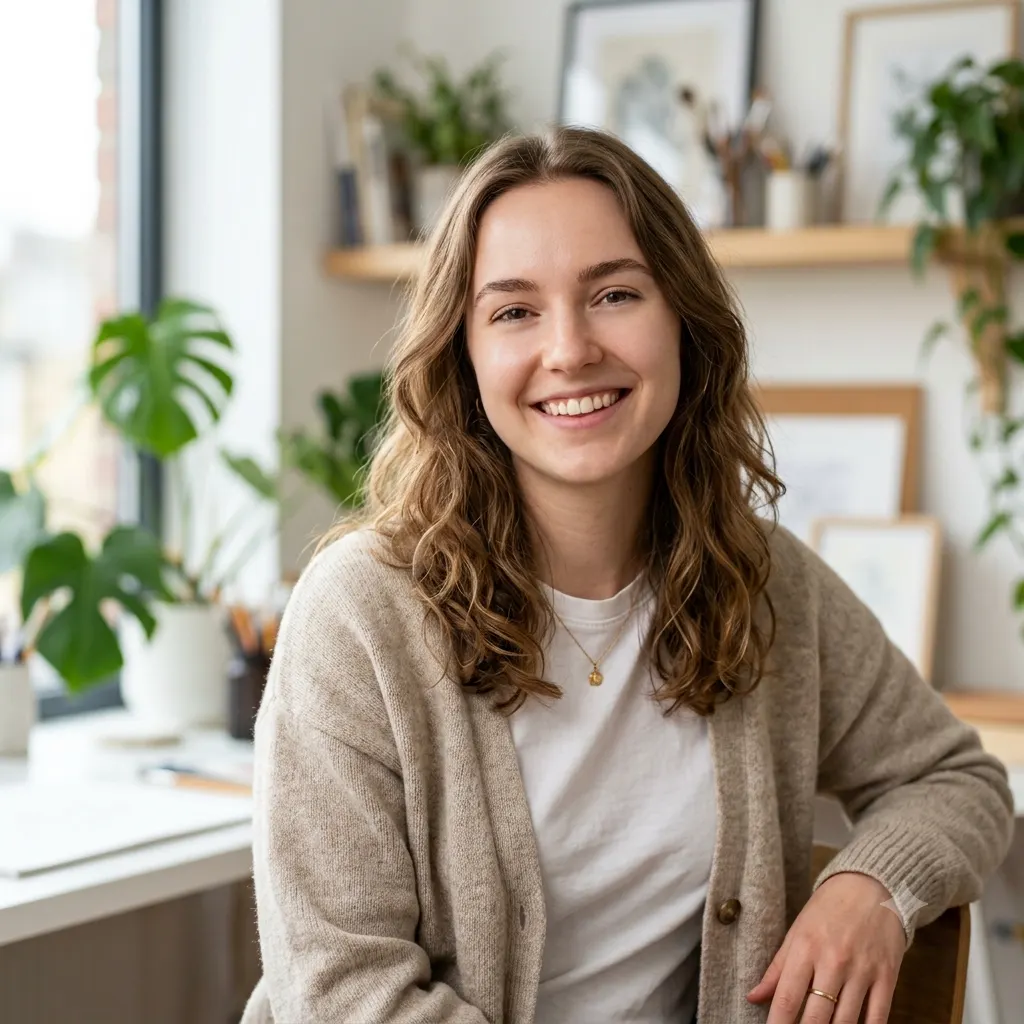 A relaxed creative headshot of a person in casual-smart style in a bright creative studio