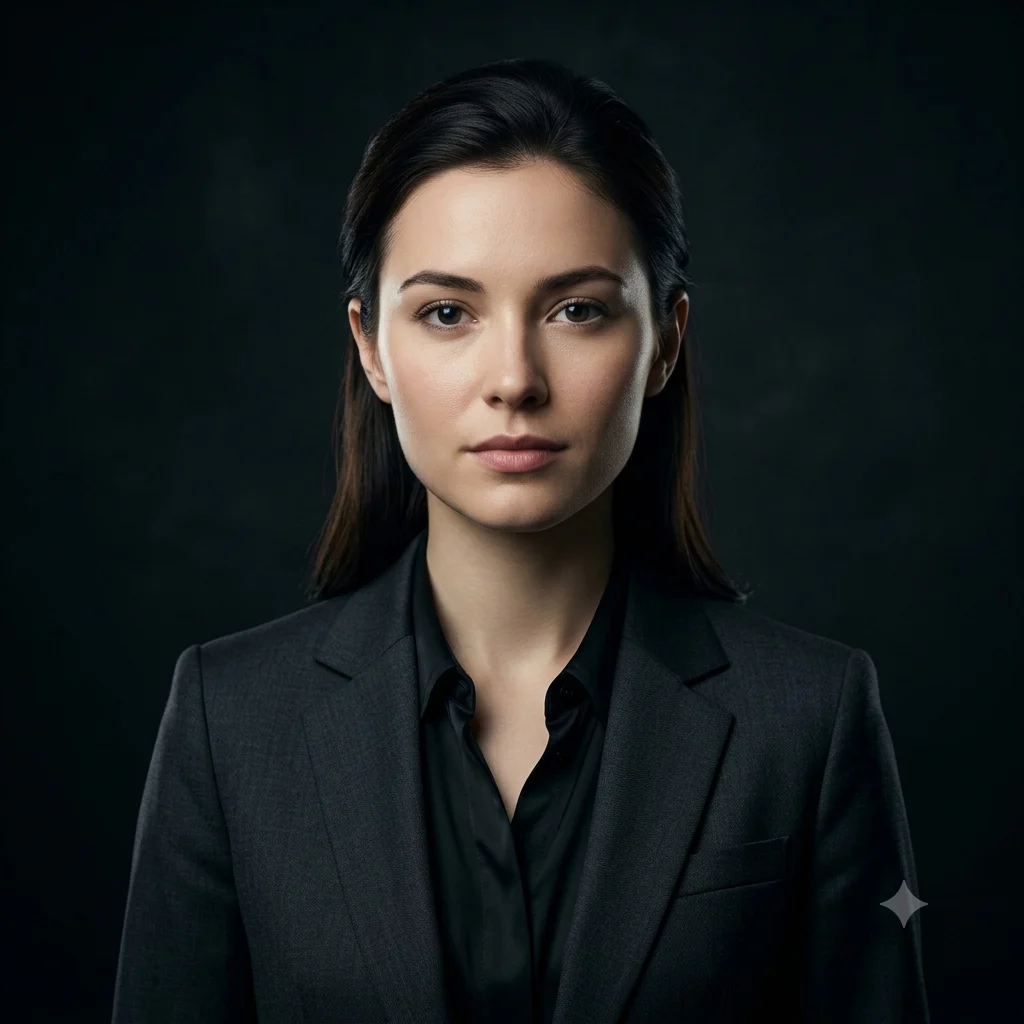A dramatic executive headshot of a person in a dark suit under moody low-key lighting