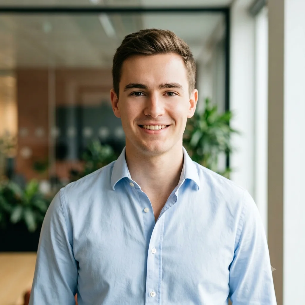 A business-casual office headshot of a person with a softly blurred modern office behind them