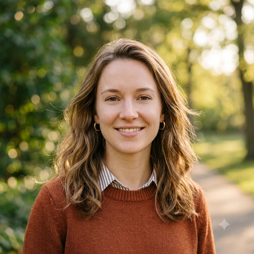 A natural outdoor headshot of a person in soft golden light with a blurred leafy background