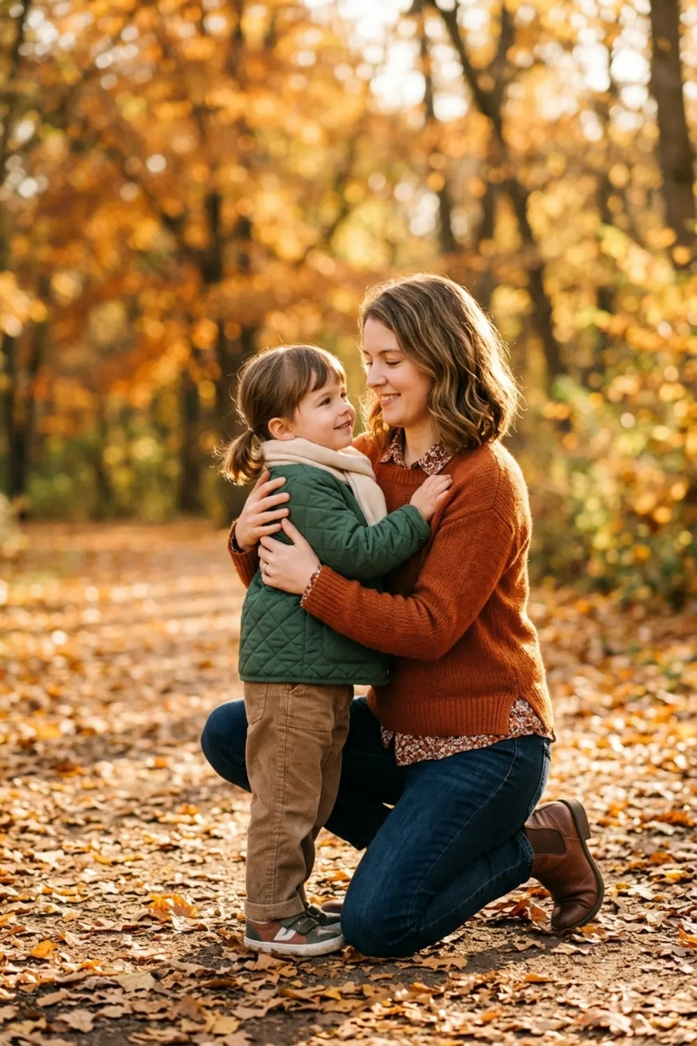 A person hugging their younger self among golden autumn leaves in a park