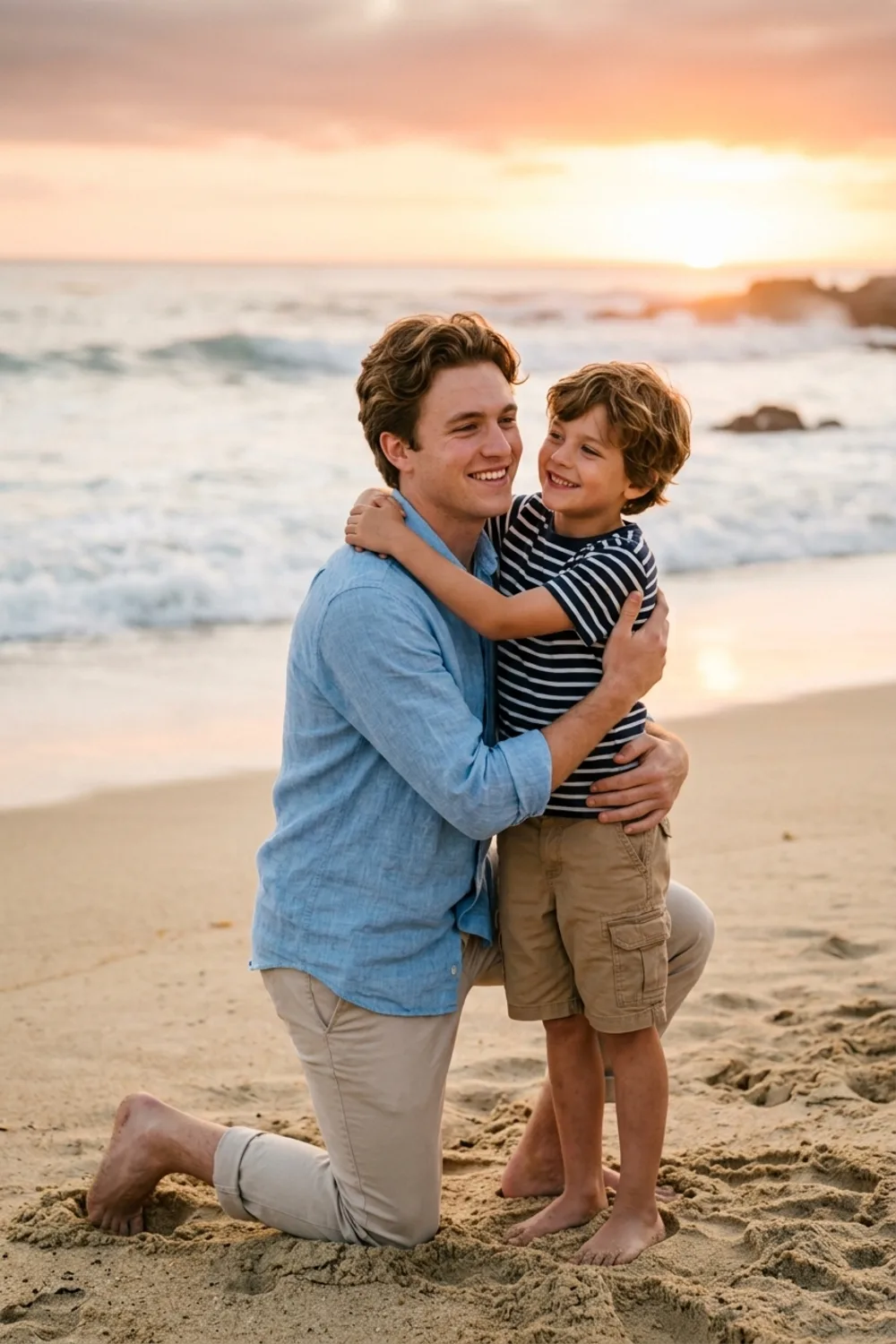 A person embracing their younger self on a quiet beach at golden hour